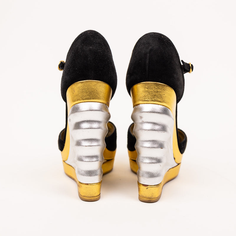 Saint Laurent Black Suede Metallic Gold Silver Wedges Size 36