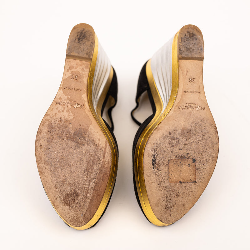 Saint Laurent Black Suede Metallic Gold Silver Wedges Size 36