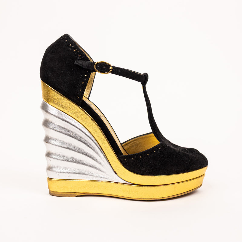 Saint Laurent Black Suede Metallic Gold Silver Wedges Size 36