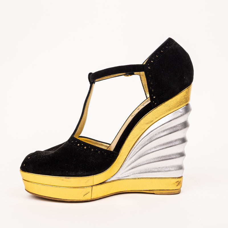 Saint Laurent Black Suede Metallic Gold Silver Wedges Size 36