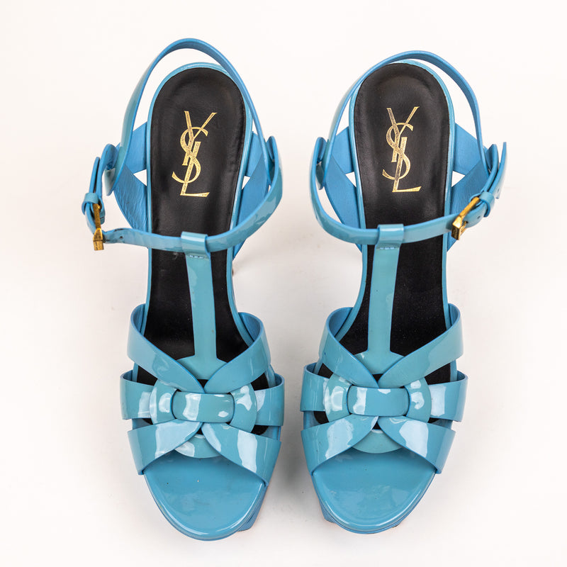 Saint Laurent Blue Patent Leather Tribute Platform Sandals Size 41