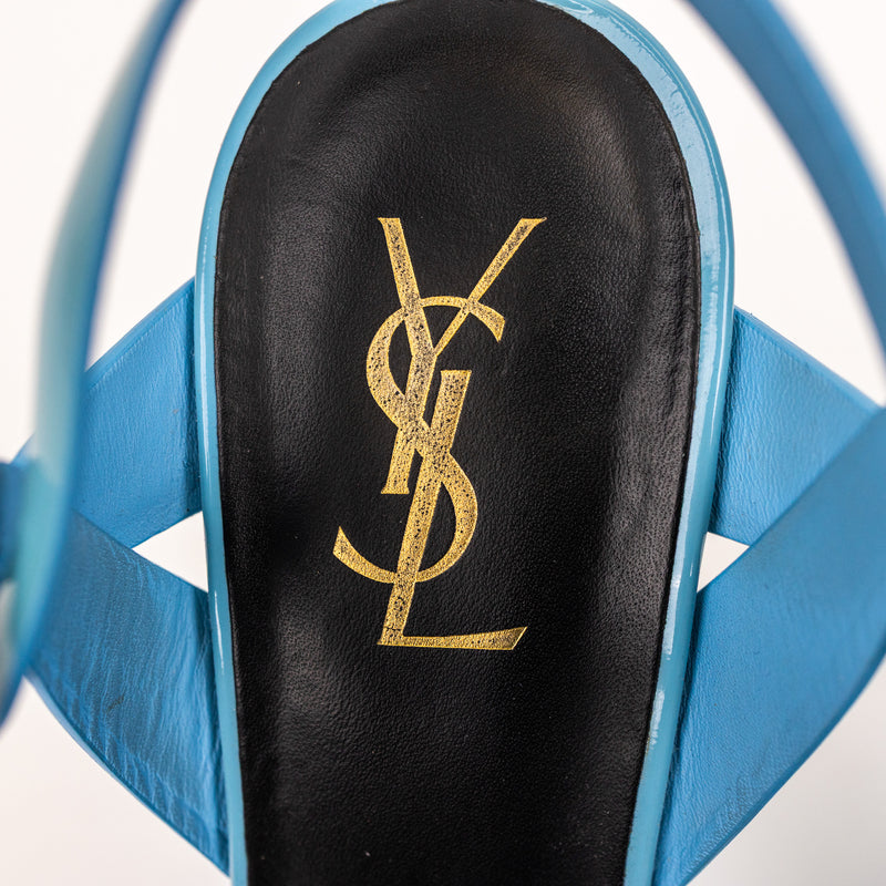 Saint Laurent Blue Patent Leather Tribute Platform Sandals Size 41