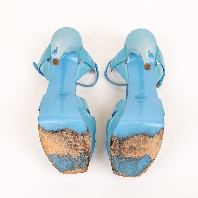 Saint Laurent Blue Patent Leather Tribute Platform Sandals Size 41