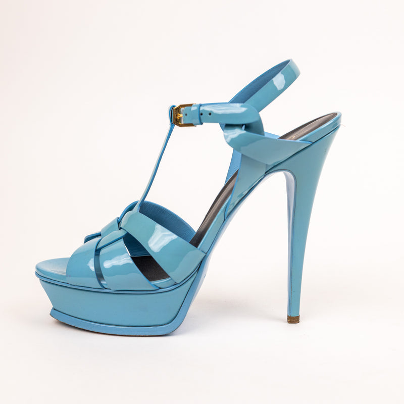 Saint Laurent Blue Patent Leather Tribute Platform Sandals Size 41
