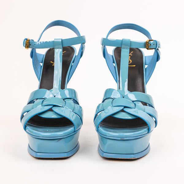 Saint Laurent Blue Patent Leather Tribute Platform Sandals Size 41