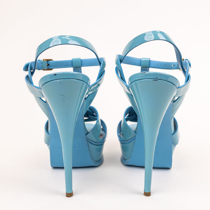 Saint Laurent Blue Patent Leather Tribute Platform Sandals Size 41