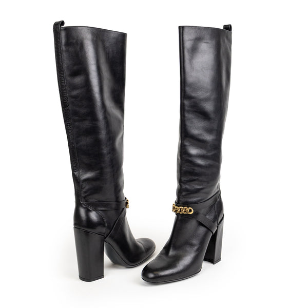 Saint Laurent Black Leather Chainlink  Tall Boots 39