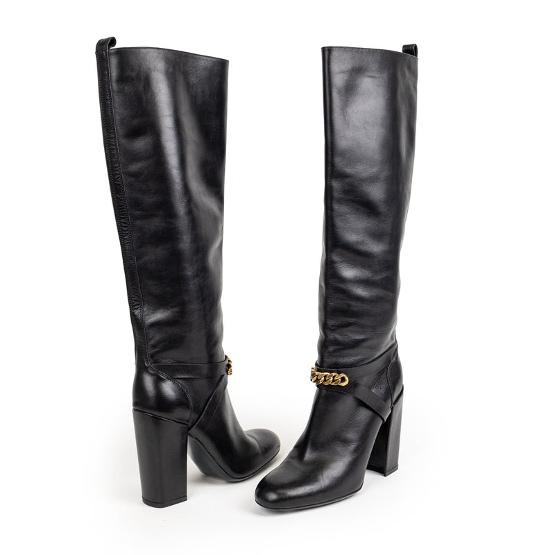 Saint Laurent Black Leather Chainlink  Tall Boots 39