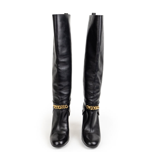 Saint Laurent Black Leather Chainlink  Tall Boots 39