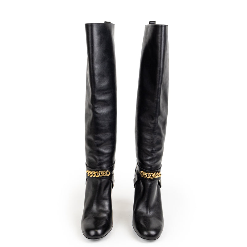 Saint Laurent Black Leather Chainlink  Tall Boots 39