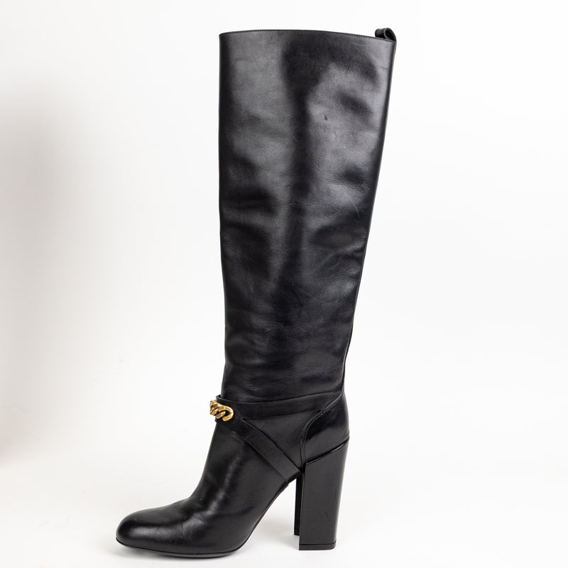 Saint Laurent Black Leather Chainlink  Tall Boots 39