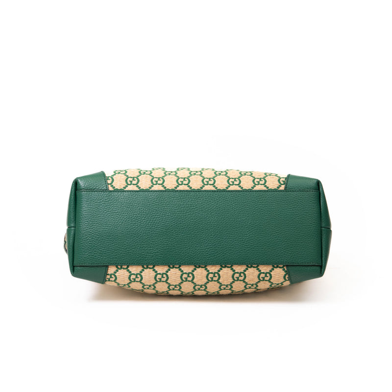 Gucci Green Leather & Raffia Ophidia Open Tote Bag