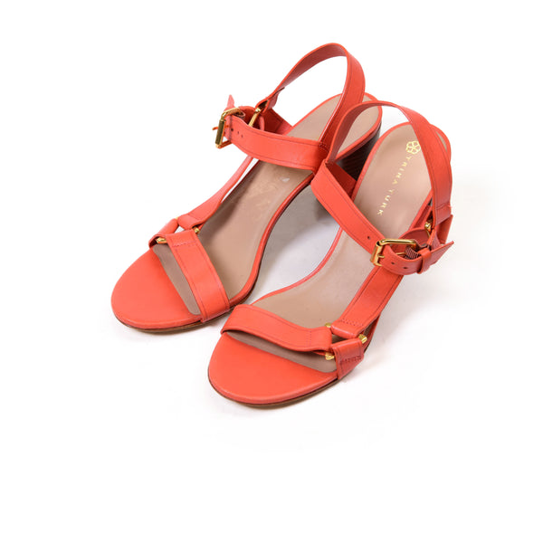 Trina Turk Orange Serena Sandals Leather Wooden Heels Size 8