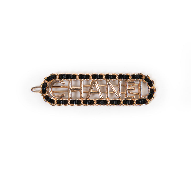 Chanel Gold Metal Lambskin Vintage Allure Logo Hair Clip