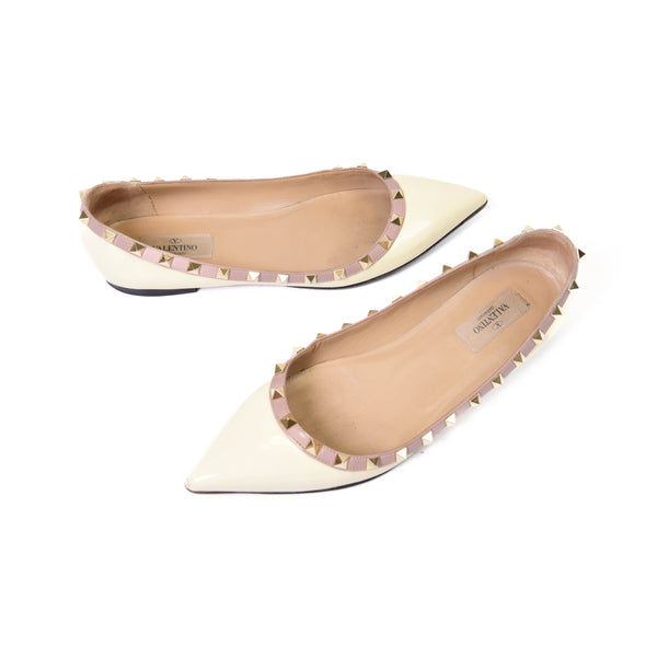 Valentino Cream Leather and Patent Rockstud Ballet Flats Size 39