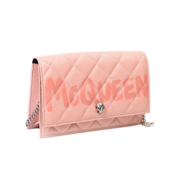 Alexander McQueen Pink Quilted  Leather Logo Print Shoulder Bag