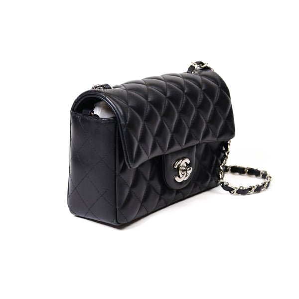 Chanel Black Lambskin Quilted Mini Rectangular Flap Silver Hardware