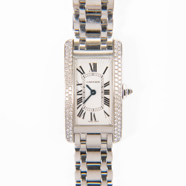 Ladies Cartier 23mm American Tank 18K White Gold Diamond Watch