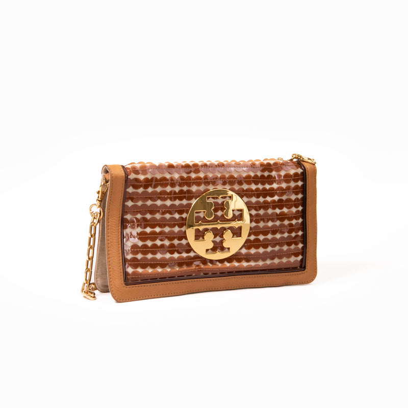 Tory Burch Brown/Gold Cut Out PVC, Fabric and Leather Reva Flap Chain Clutch