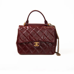 Chanel Burgundy Aged Leather Gold Bar Top Handle Bag