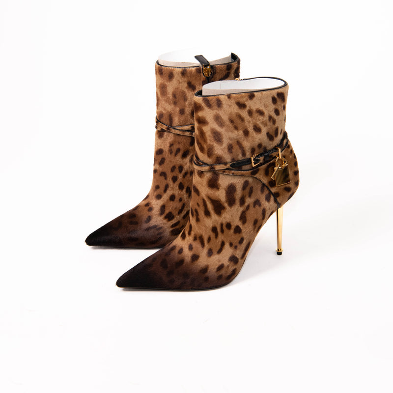 Tom Ford Pony Hair Leopard Print Padlock Ankle Boots Size 8.5