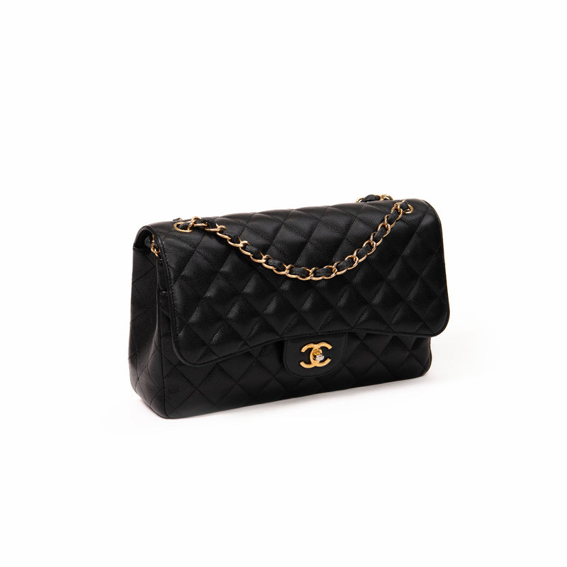 Chanel Black Caviar Leather Classic Jumbo Double Flap Gold Hardware