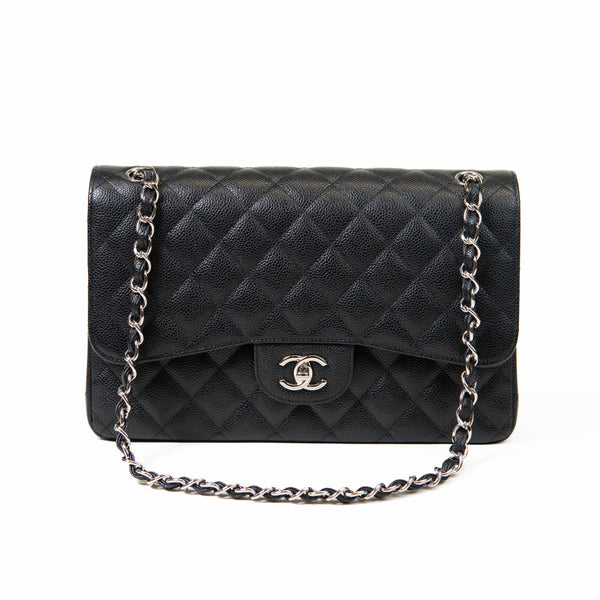 Chanel Black Quilted Caviar Leather Jumbo Classic Double Flap Shoulder Bag GHW