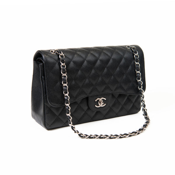 Chanel Black Quilted Caviar Leather Jumbo Classic Double Flap Shoulder Bag GHW