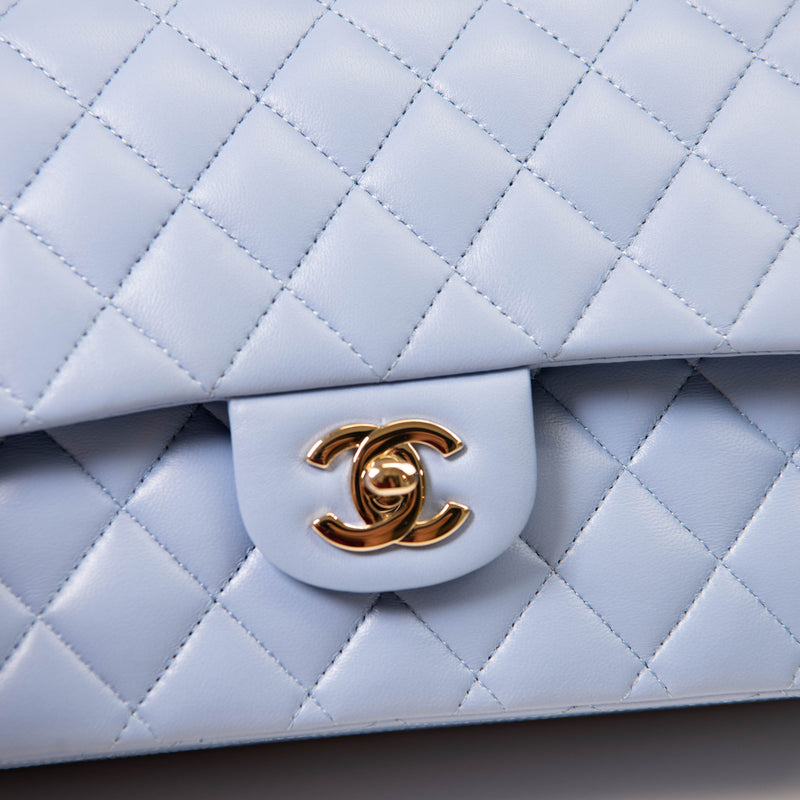 Chanel Light Blue Lambskin Quilted Medium Double Flap GHW