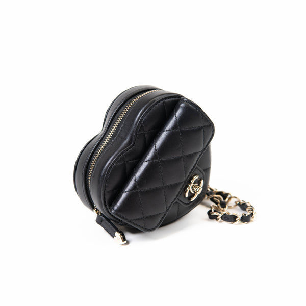 Chanel Black Lambskin Quilted CC In Love Heart Waist Belt Bag With Chain