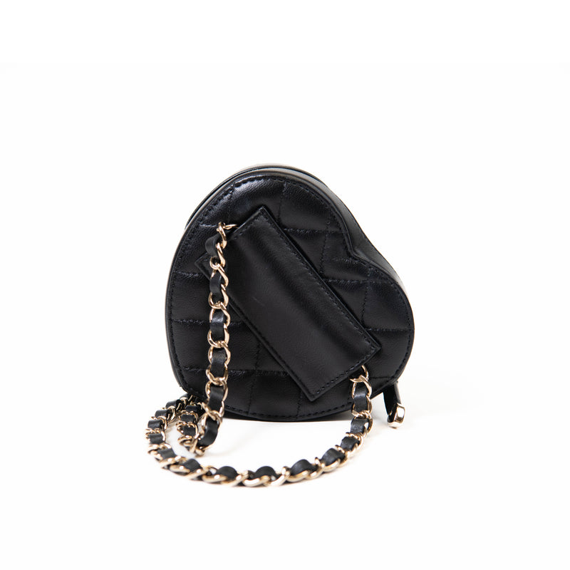 Chanel Black Lambskin Quilted CC In Love Heart Waist Belt Bag With Chain