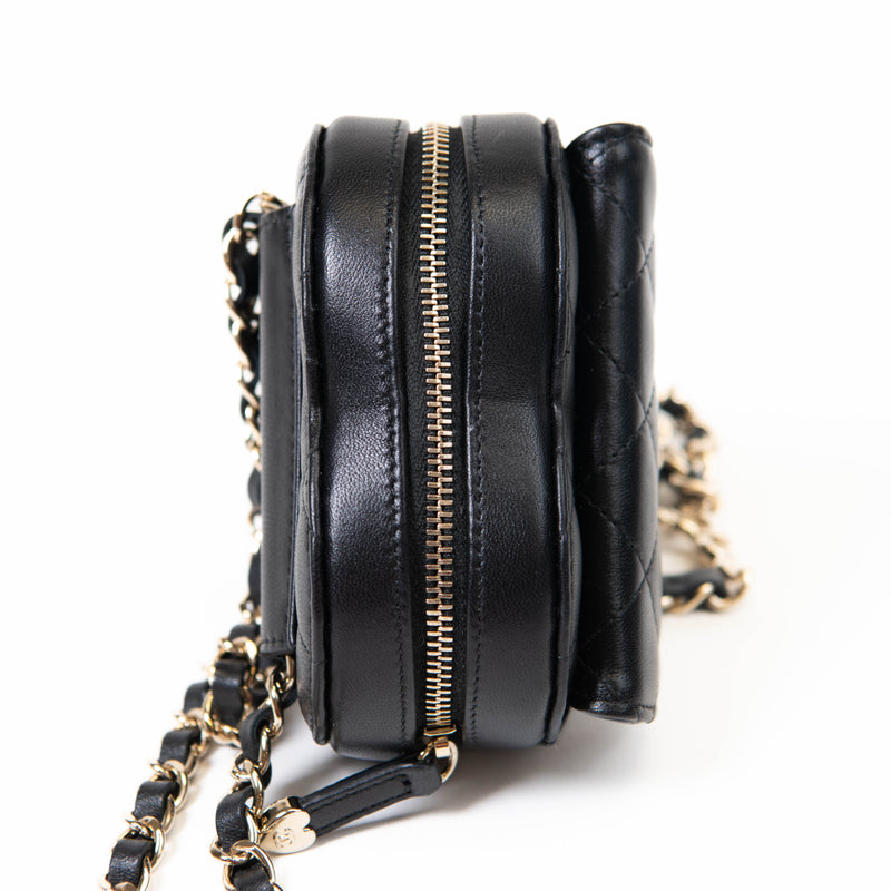 Chanel Black Lambskin Quilted CC In Love Heart Waist Belt Bag With Chain