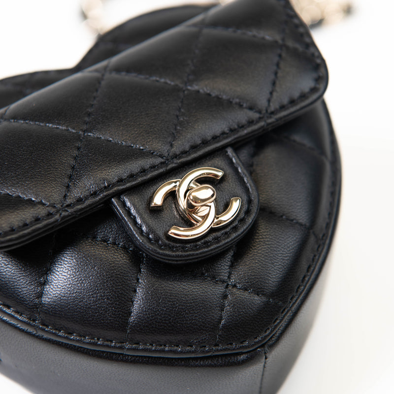 Chanel Black Lambskin Quilted CC In Love Heart Waist Belt Bag With Chain