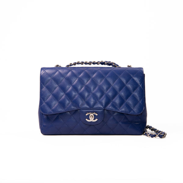 Chanel Blue Caviar Leather Single Flap Jumbo Shoulder Bag