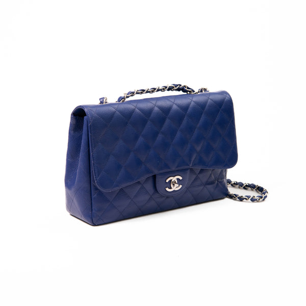 Chanel Blue Caviar Leather Single Flap Jumbo Shoulder Bag