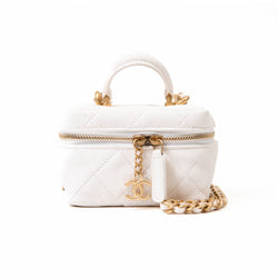 Chanel 21S White Caviar Leather Quilted Mini Top Handle Vanity With Chain