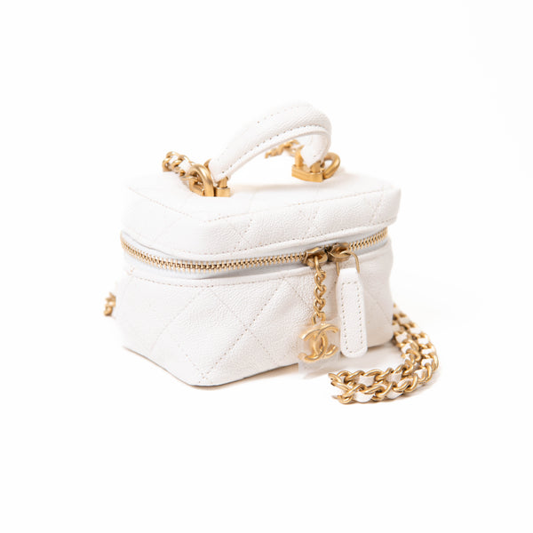 Chanel 21S White Caviar Leather Quilted Mini Top Handle Vanity With Chain