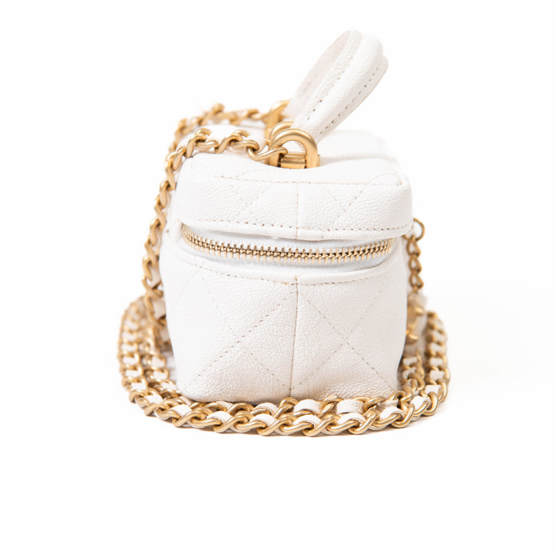 Chanel 21S White Caviar Leather Quilted Mini Top Handle Vanity With Chain