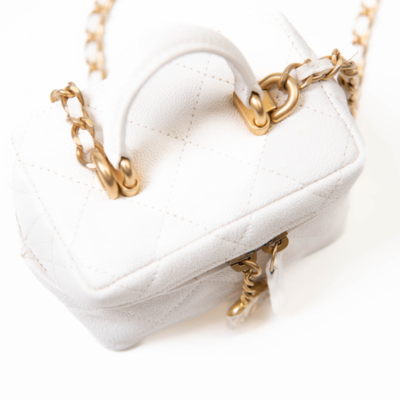 Chanel 21S White Caviar Leather Quilted Mini Top Handle Vanity With Chain