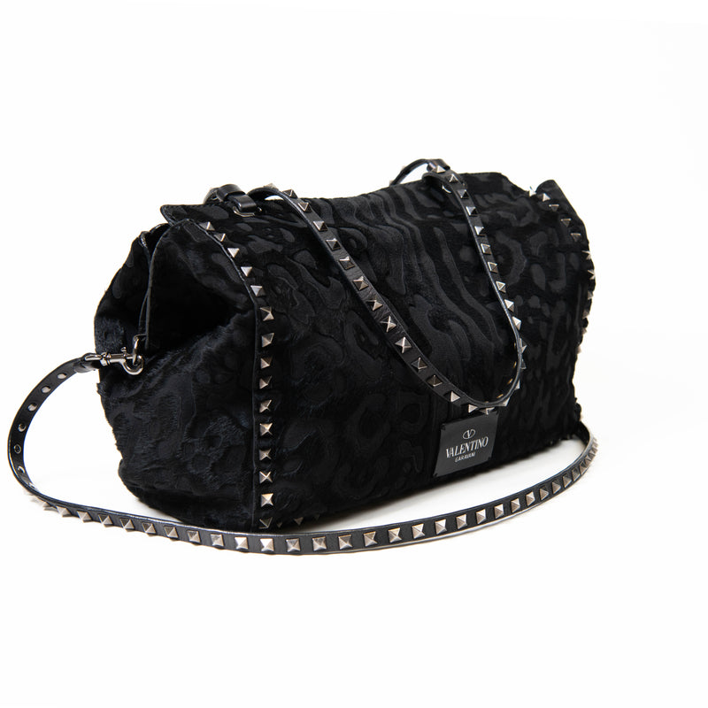 Valentino Black Leather And Calf Hair Zebra Print Rockstud Tote Bag
