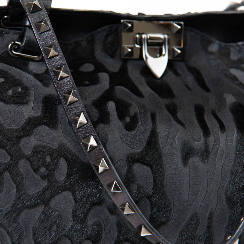 Valentino Black Leather And Calf Hair Zebra Print Rockstud Tote Bag