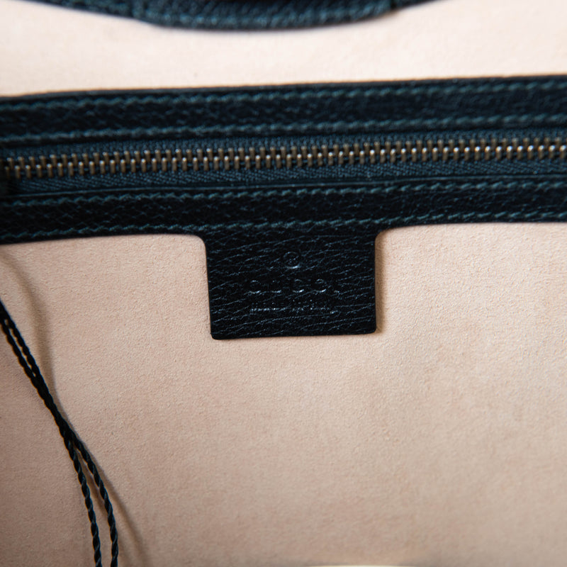 Gucci Black Grained Calfskin Web Crystal Butterfly Stripe Medium Totem Top Handle Bag