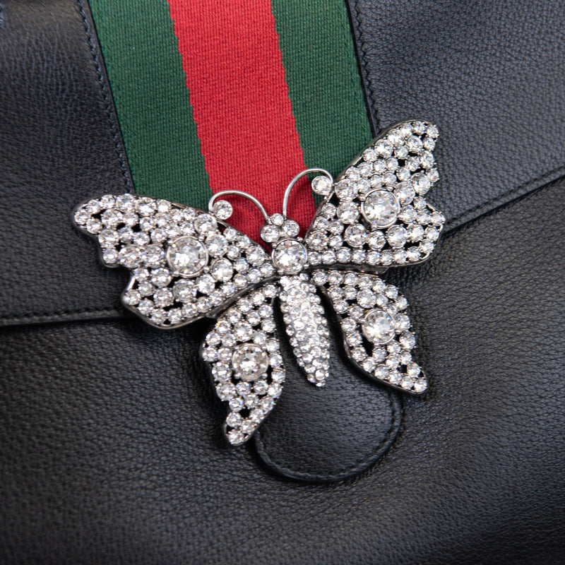 Gucci Black Grained Calfskin Web Crystal Butterfly Stripe Medium Totem Top Handle Bag
