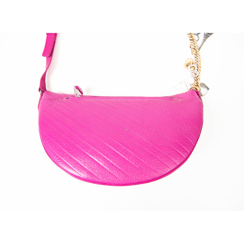 Balenciaga Shiny Pink Pebbled Leather Logo Embossed XXS Souveniers Belt Bag