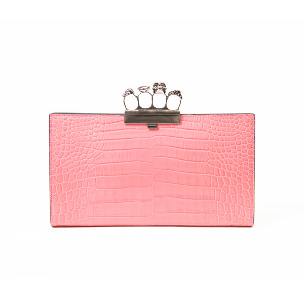 Alexander McQueen Bettony Pink Embossed Leather Four-Ring Skull Clutch