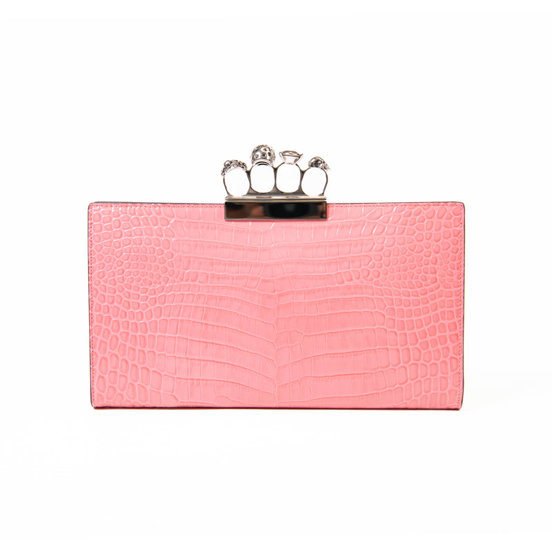 Alexander McQueen Bettony Pink Embossed Leather Four-Ring Skull Clutch