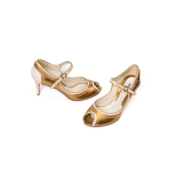 Moschino White and Gold Leather Mary Janes Size 37