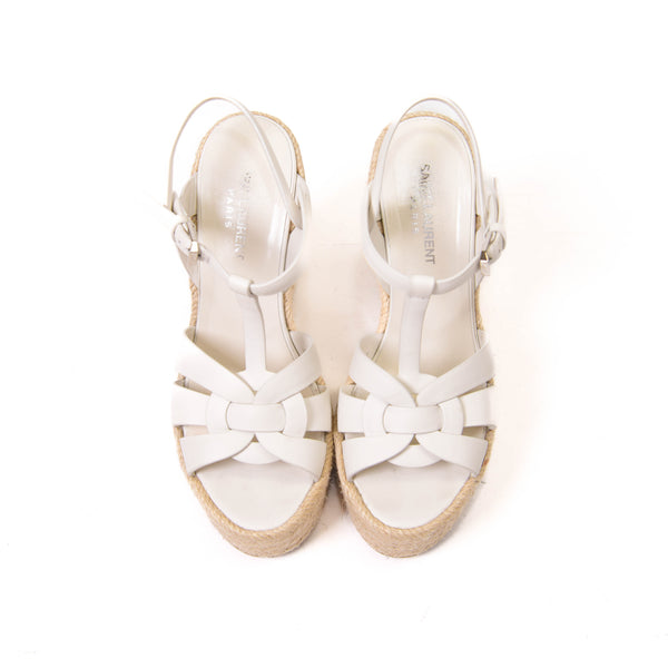 Saint Laurent White Leather Wedge Sandals Size 37.5