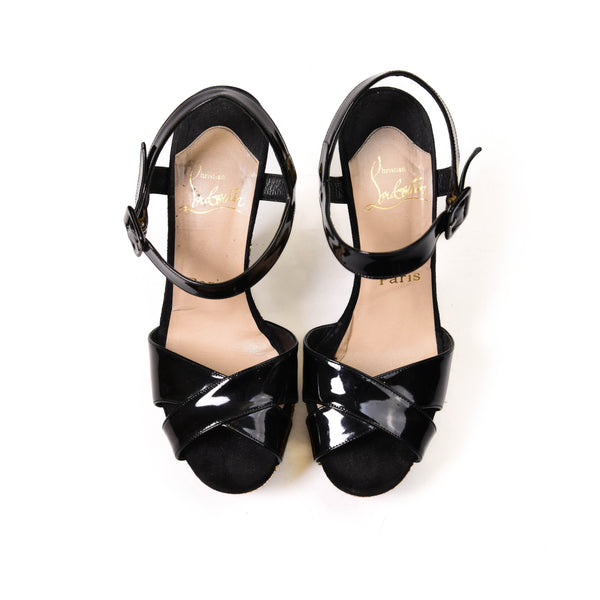 Christian Louboutin Black Patent and Gold Glitter Platform Sandals Size 7