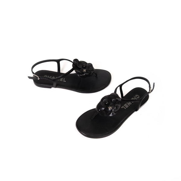 Chanel Black Leather Flat Sandals Size 37